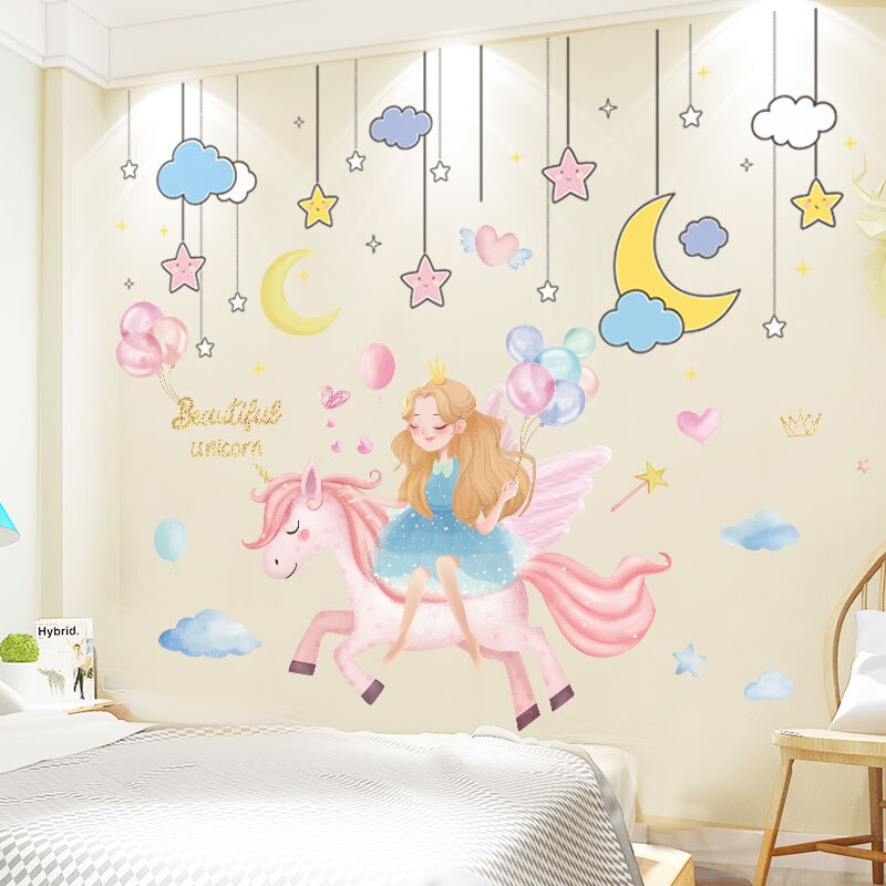 [shijuekongjian] cartoon meisje eenhoorn muurstickers diy sterren hangende muurstickers voor kinderkamer babykamer huisdecoratie