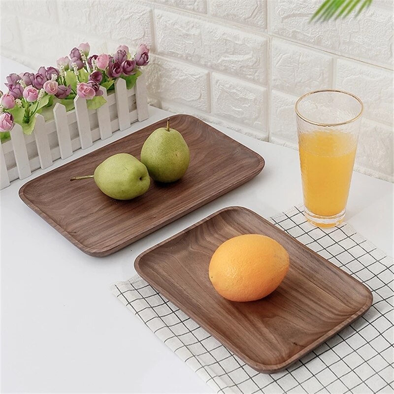 Rectangle Black Walnut Wood Plate candy Fruit Dishes Saucer Dessert Dinner Bread Pizza Food Storage Tray Round Shape Plate