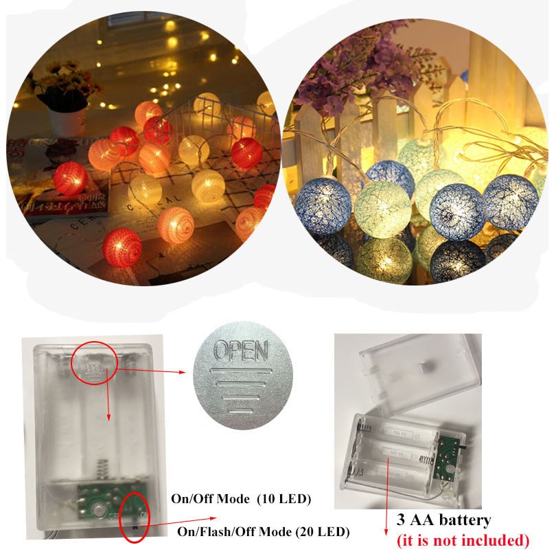 3m 20 lysdioder bomull ball string lys batteri bomull ball lyskjede varm hvit guirlande lumineuse julebelysning