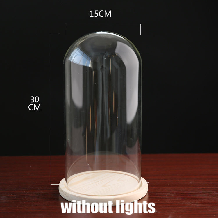Tabletop Display Glass Cover Terrarium Container Decor Dry Flower Ornaments Craft Bell Jar Wood Base with Feet LED Light Holder: Chocolate
