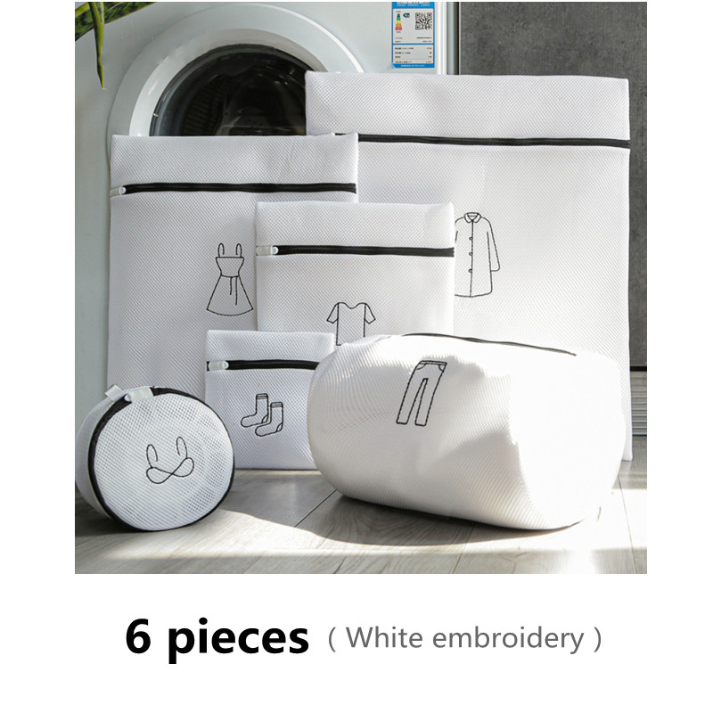 Conjunto de bolsa de lavandería bordada, bolsa para lavar ropa interior, sujetador, bolsas de lavado, cesta de lavandería de malla de poliéster, Kits de lavado plegables para el hogar, 1 Juego: Upgrade white 6 pcs