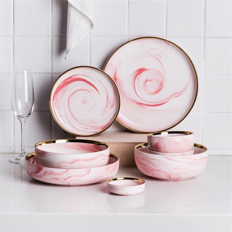 Pink phnom penh keramisk bordservice bøf snack plade retter og tallerken sæt nordisk hjem restaurant leverer marmor salat skål