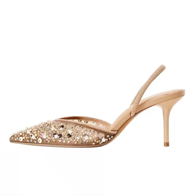 Bling snöre pärlnät andningsbara klacksandaler dam sexiga spetsig tå lyxiga dampumps slingbacks höga klackar