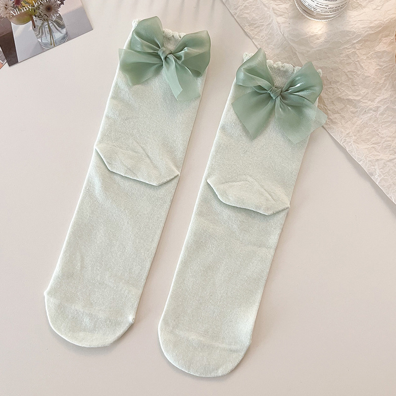 Calcetines de princesa con lazo para mujer, medias de tubo medio de Color sólido para primavera y verano, bonitos calcetines de tubo decorados con lazos,: Azul cielo