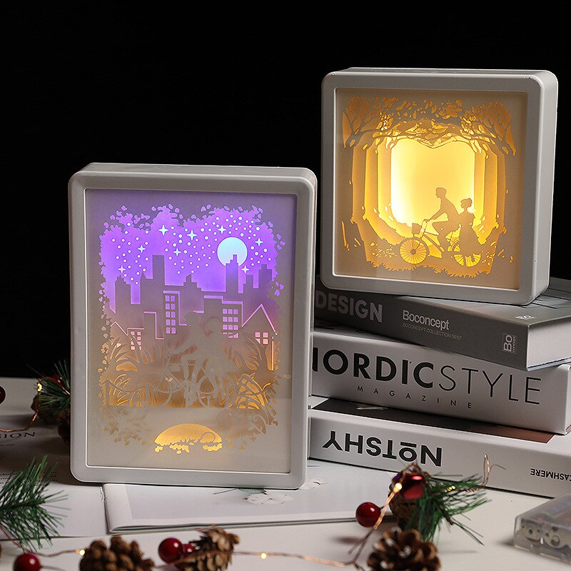 Valentijnsdag Licht Shadow Lamp 3D Modellering Box Led Nachtlampje Papier Sculpturen Frame Carving Art Decoratie