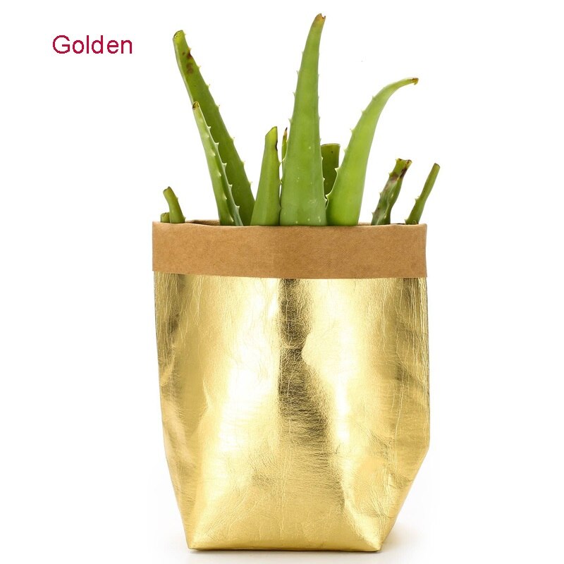 Flower Pot Kraft Paper Washable Plants Vegetable Grow Bag Succulent Planter Flowerpot Desktop Organizer Storage Bag 35: Gold / 8 x 8 x 15cm