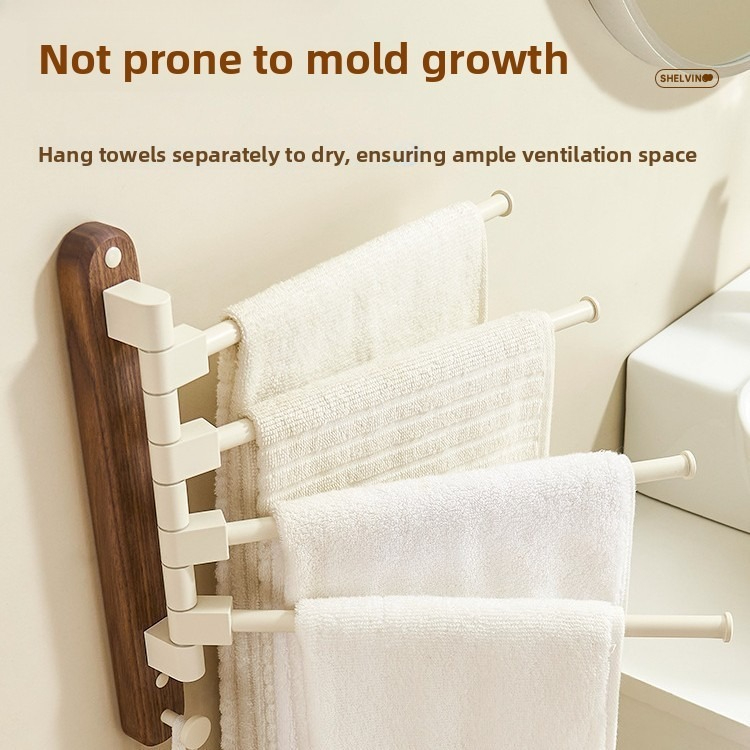 Toallero giratorio de madera de nogal, soporte de pared para baño sin agujeros, toallero de barra múltiple, estante de almacenamiento de toallas para baño