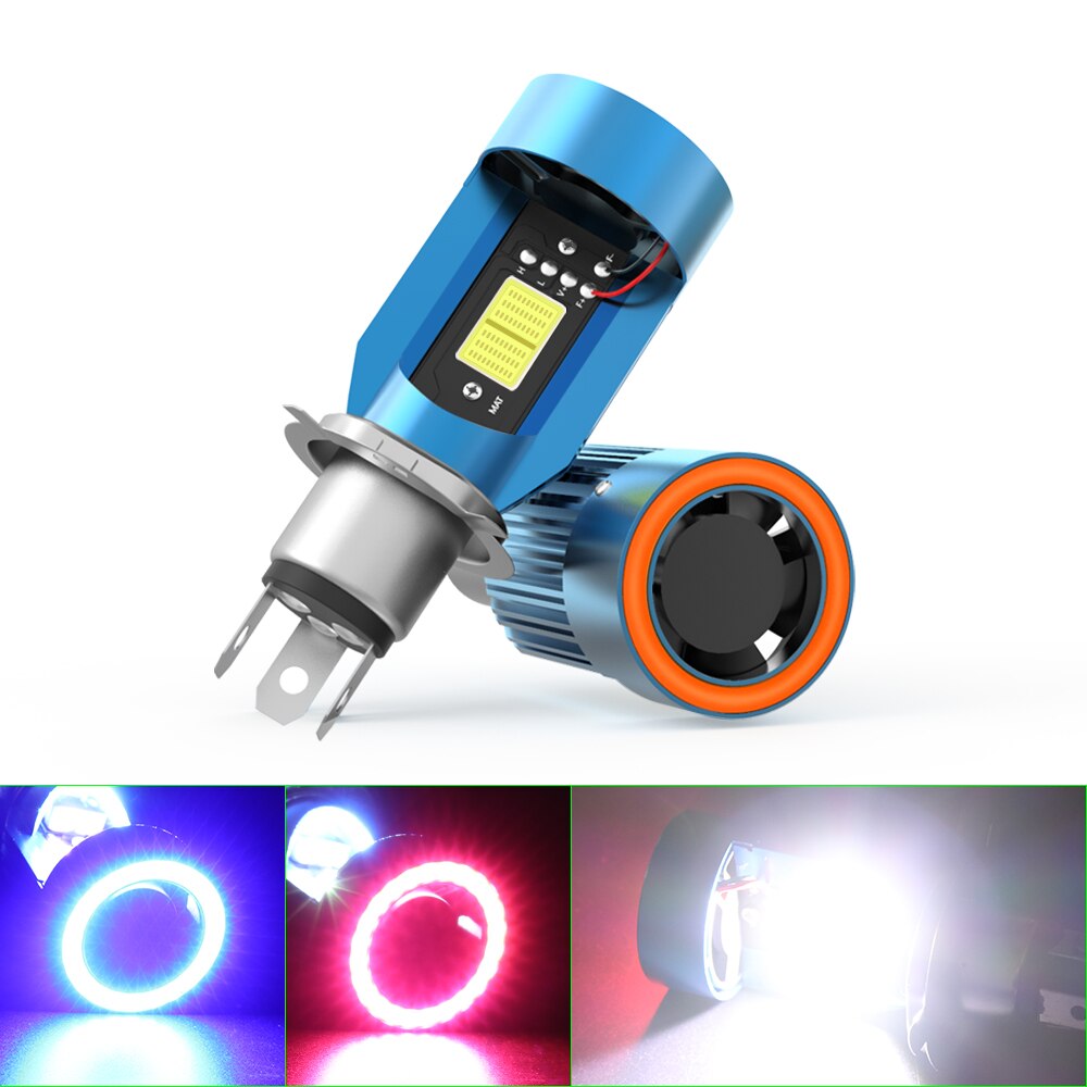 Phare avant de moto LED H4 BA20D, œil d&#39;ange bleu rouge, Scooter, ampoule antibrouillard, accessoires DRL 12V 24V