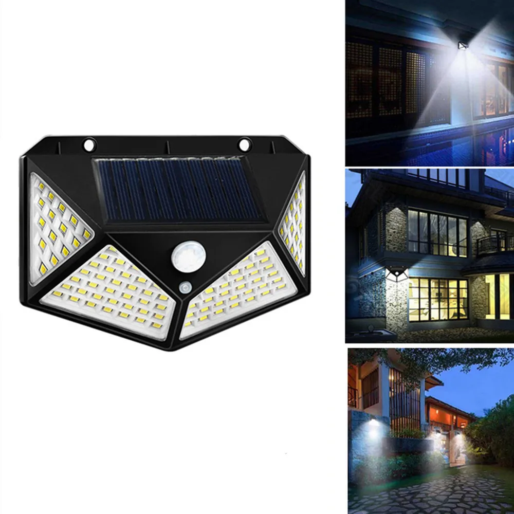Nyeste solcellelamper udendørs 100 led solcellesensor bevægelseslys 3 tilstande udendørs solcelle trådløs lampe  ip65 vandtætte væglamper: Orange