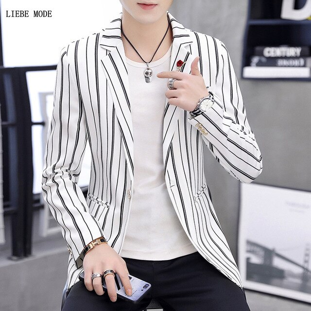 Heren kaki zwart wit gestreepte blazer heren trouwjurk jasje koreaanse heren bruidegom blazer hombre