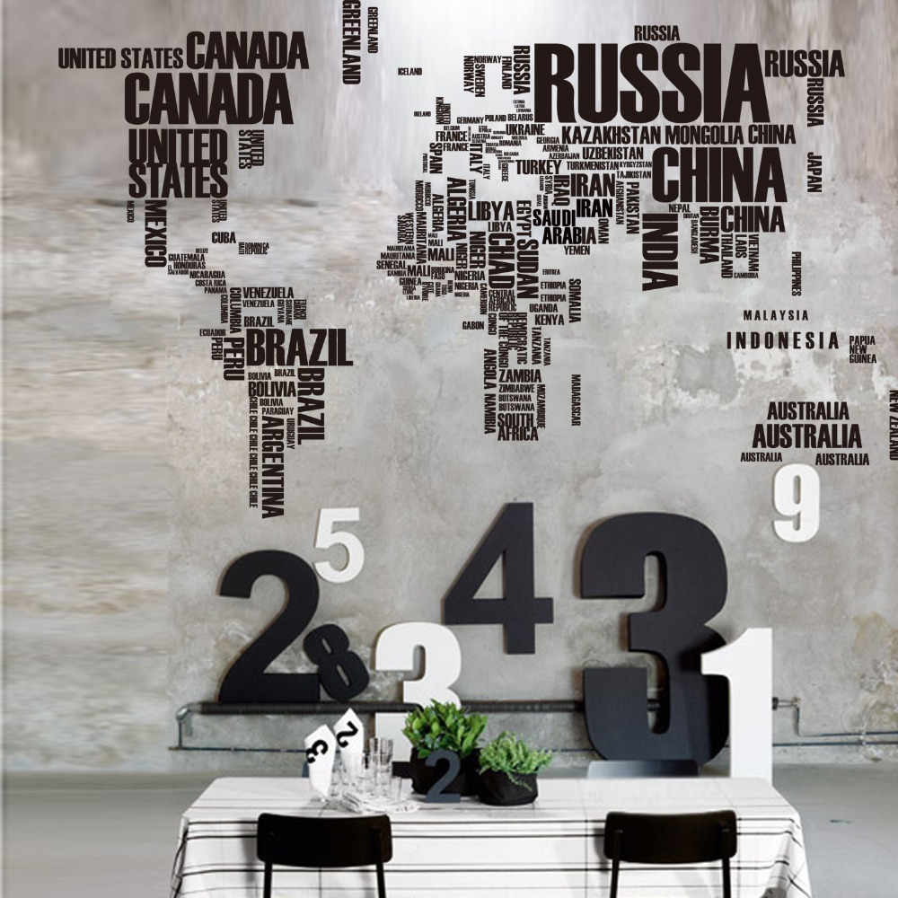 60*90*2 large World Map Wall Stickers Original letters map wall Art bedroom home decorations wall decals