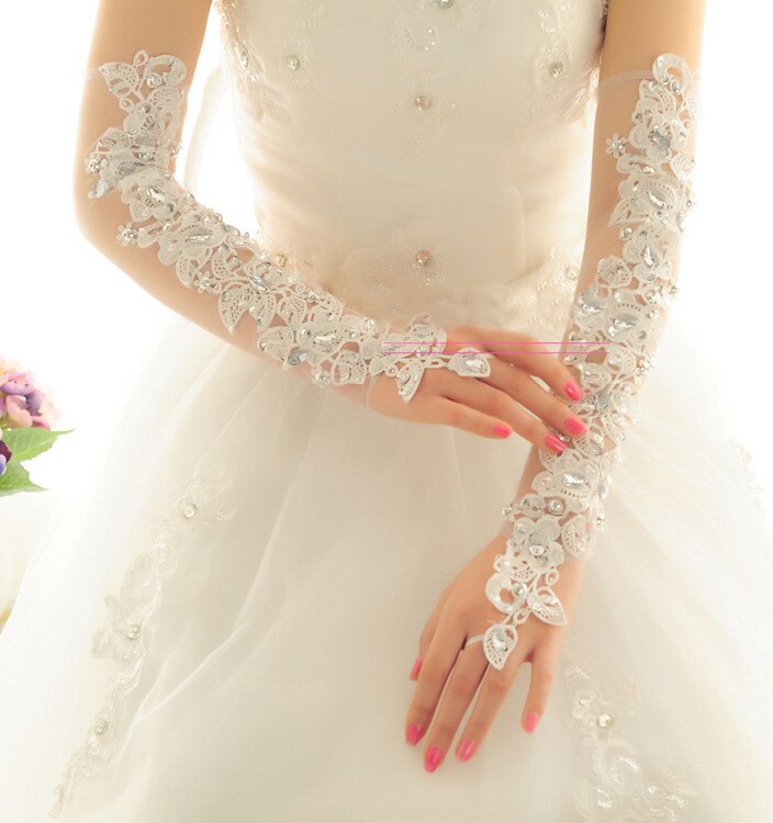 Bride Gloves Long Wedding Dress Gloves Lace Beige Elbow Length Beaded Fingerless