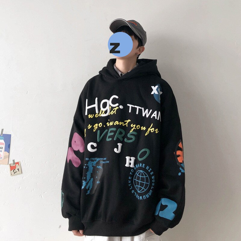 Graffiti Letter Print Plus Velvet Sweatshirt Men Harajuku Fleece Hoodie Hip Hop Stranger Things Womren Hooded Hoodies Teen: Black / M