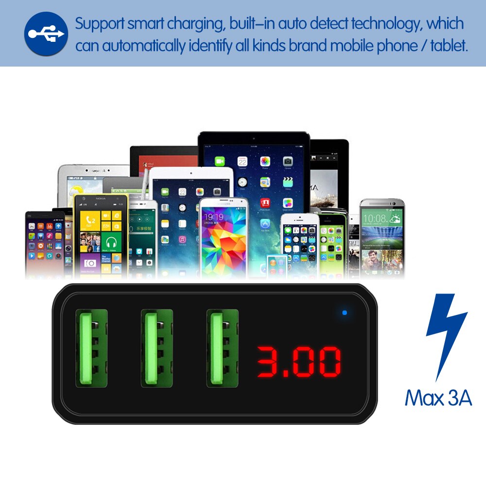 Powstro 5v 3a 3 usb-reislader eu-stekker lcd-scherm, intelligent digitaal display, universele wandadapter, spanning en stroom voor mobiele telefoon