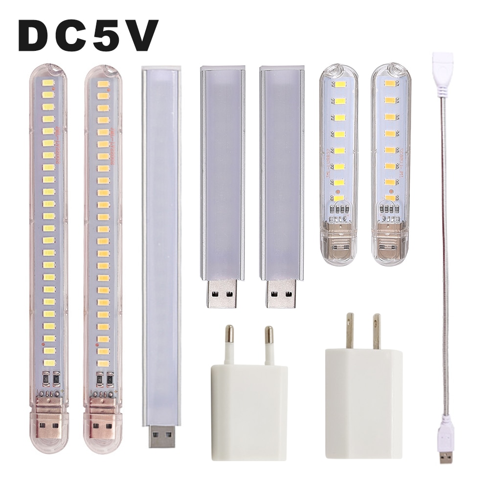 Mini luz LED nocturna portátil de 5V CC, 10LED, 24LED, lámpara de mesa de lectura USB, poste de extensión flexible, adaptador de enchufe estadounidense, luces de libro