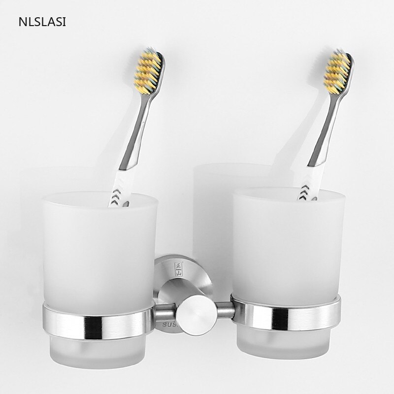 Stainless Steel Toothbrush Tooth Cup Holder with Mouth Cup Wall Mounted Bath Two Cups Rack Bathroom Accessories Storage Rack