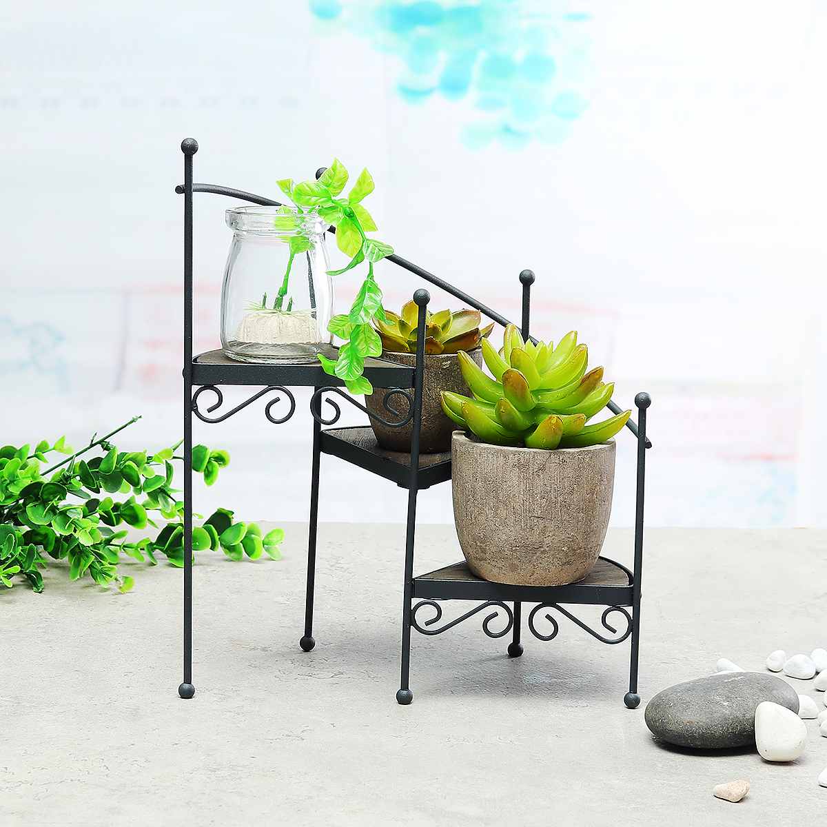 3-Layer Retro Iron Plant Rack Stand Plant Succulent Shelf Staircase Desktop Garden Flower Stand with Wood Plate Home Decorative