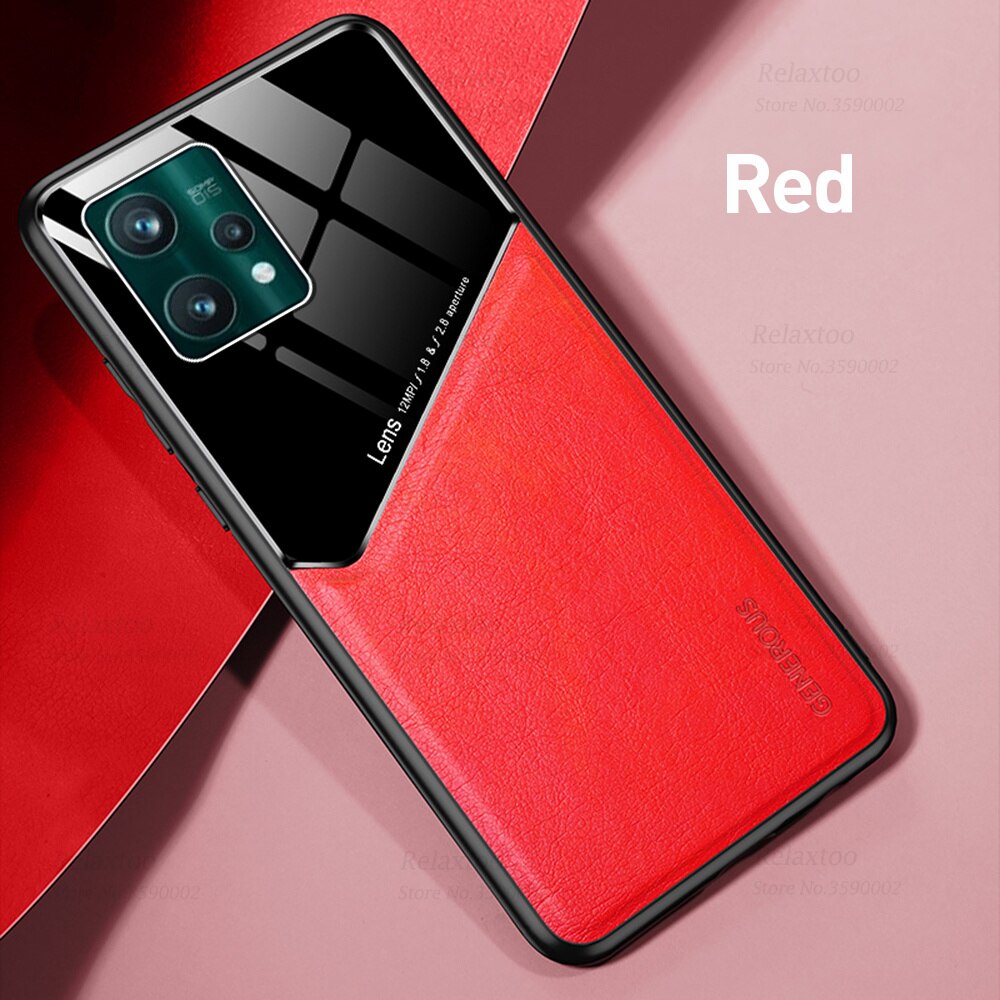 Luxury Leather Car Magnetic Holder Case For Oppo Realme 9 Pro+ 5G On Realme9 Pro Plus Realmy 9Pro Soft Frame Protect Cover Coque: For Realme9 Pro Plus / Red 3