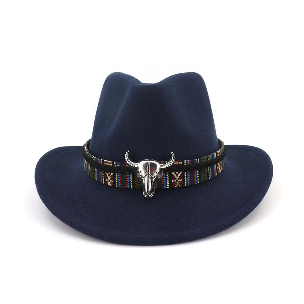 Sombrero de vaquero occidental para hombre y mujer, gorro de ala ancha con banda para la cabeza de vaca, estilo Pop Jazz, de lana, de invierno, tamaño 56-58CM: Dark Blue