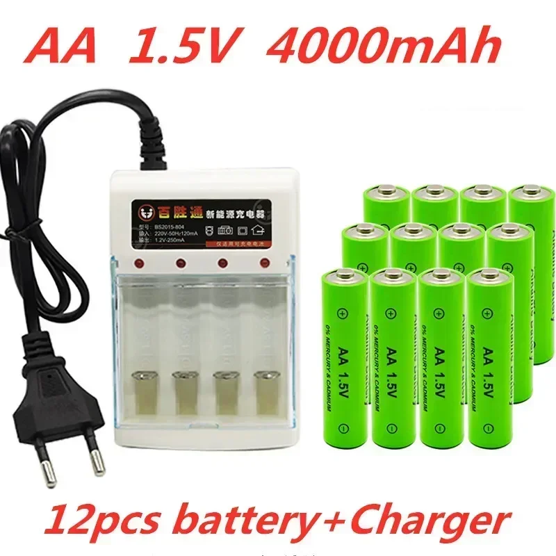 100% AA battery 4000mAh rechargeable battery AA 1.5V Rechargeable Alcalinas drummey +1pcs 4-cell battery charger: WHITE