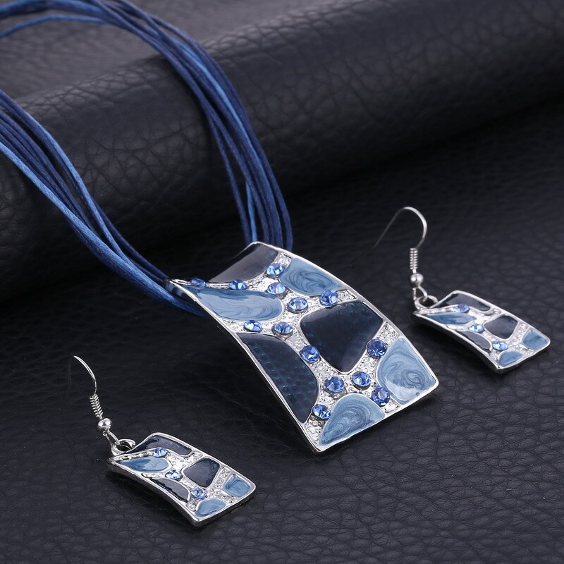 Mode Gem Vierkante Emaille Sieraden Set Zilver Kleur Schilderen Hanger Ketting Oorbellen Bruids Sieraden Sets Voor Vrouwen Bruiloft: F842