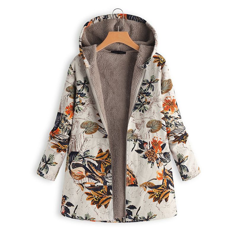 Chaqueta de mujer abrigo de peluche cazadora de invierno cálido prendas de vestir estampado Floral bolsillos con capucha Vintage abrigos de gran tamaño de talla grande # D: Orange / S