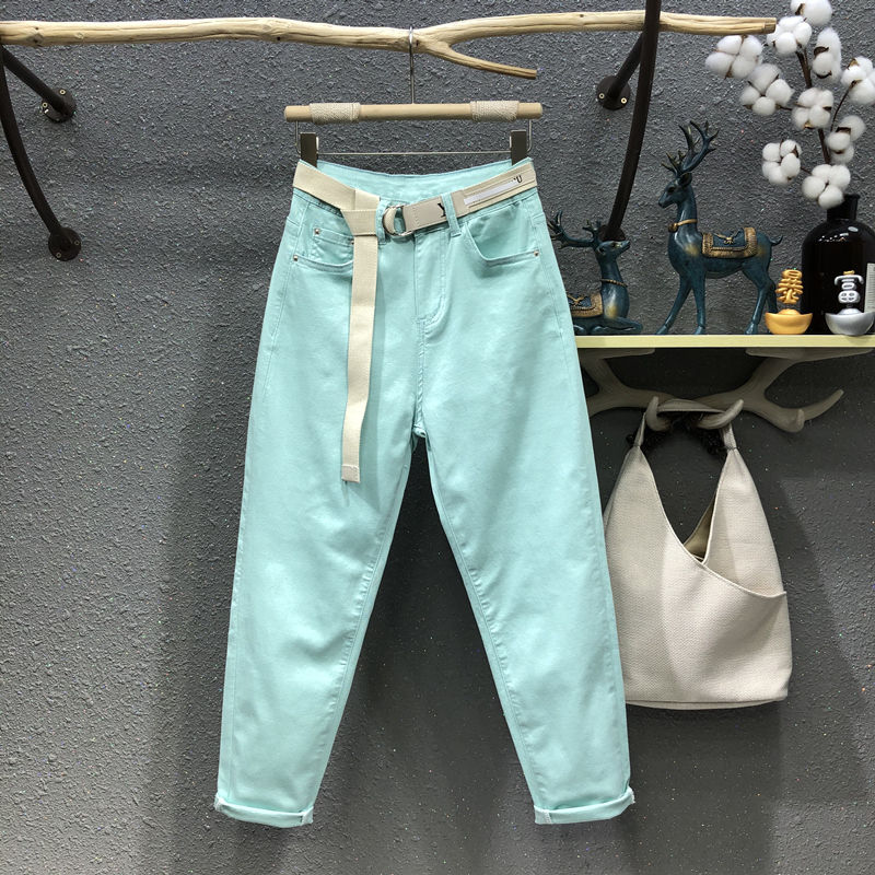 Pantalon en Denim vert menthe pour femme, jean élastique taille haute, couleur pure, longueur cheville, printemps automne