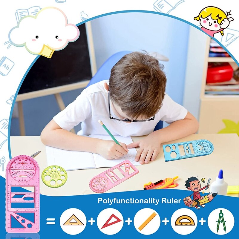 4Pcs Multifunction Ruler Plastic Template Ruler Geometric Circle Template Drawing Templates Clear Measuring Tool