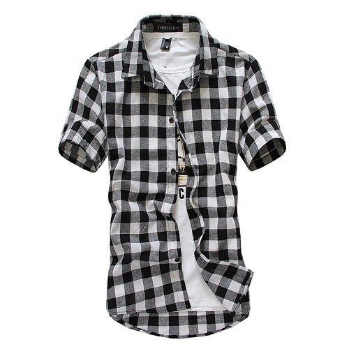 Chemise à carreaux rouge et noir pour homme, tenue d'été décontractée à manches courtes, coupe slim: Plaid noir et blanc / Xl