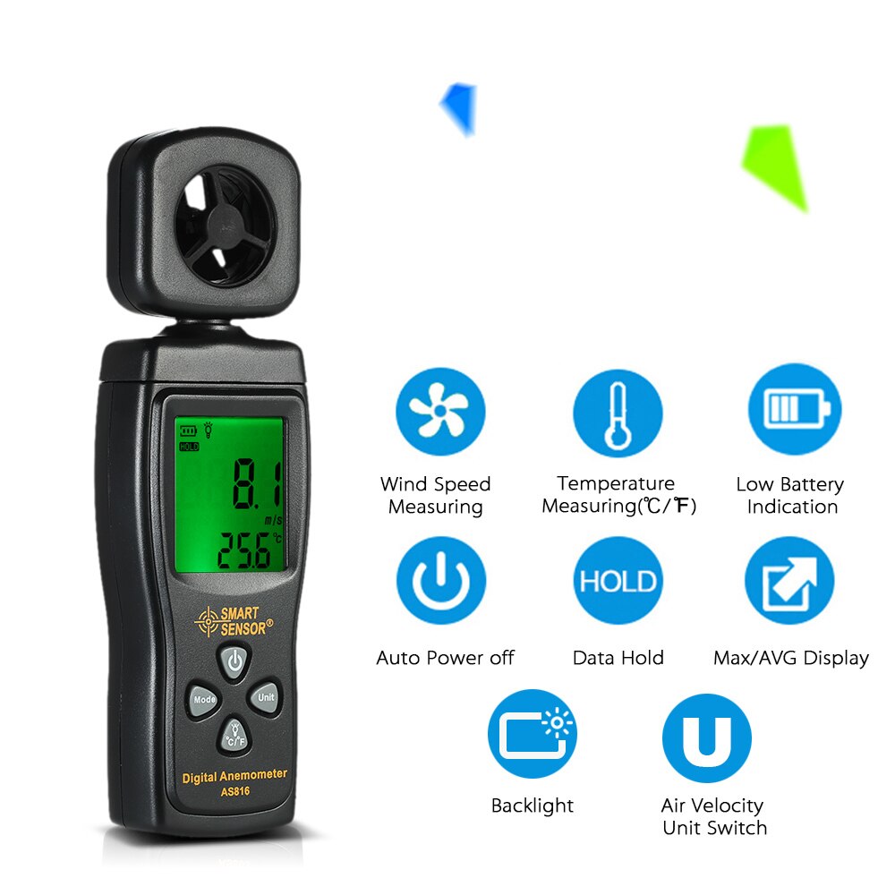 SMART SENSOR Mini Anemometer Digital Wind Speed Meter Air Velocity Temperature Measuring LCD with Backlight