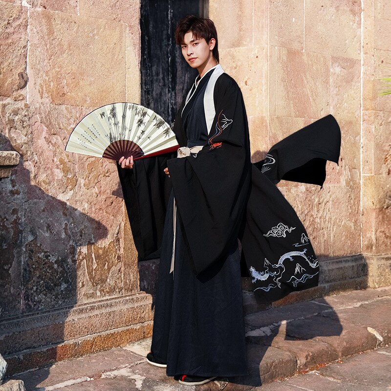 Mannen tang pak oude hanfu volkskleding zwarte geborduurde drakenjas lange jurk mannelijke festival rave outfit dnv 12442