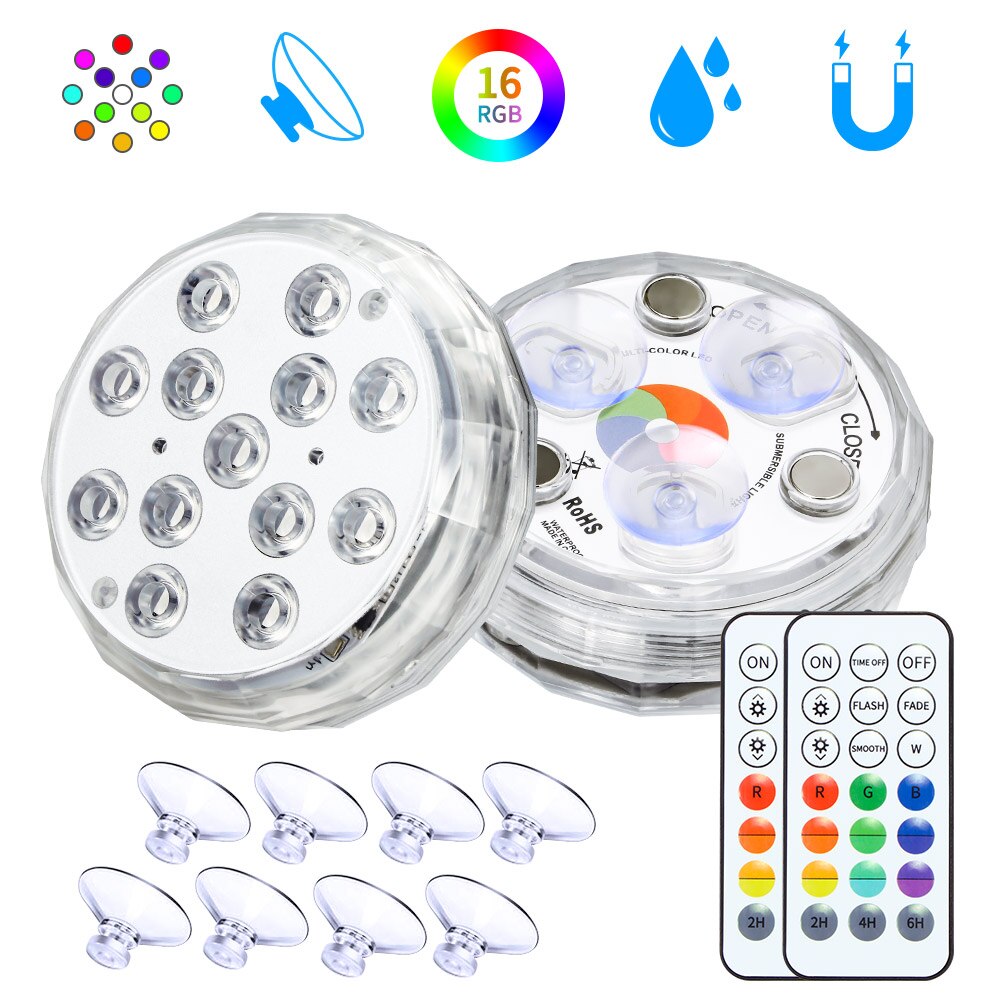 16 färger dränkbar 13 led lampa med sugkopp för utomhusdamm fontän vas trädgård pool undervattens nattlampa: 2 st