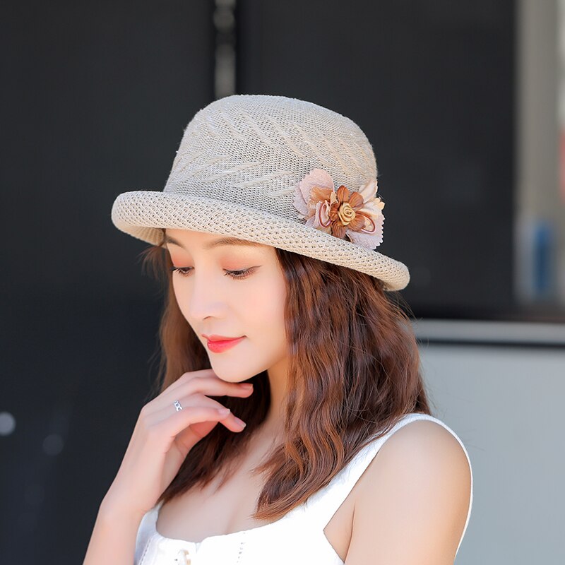 Sombreros de sol de verano para mujer y niña, sombrero de playa con flores, informal, de paja, domo plano, gorra de lavabo, hueso femenino,