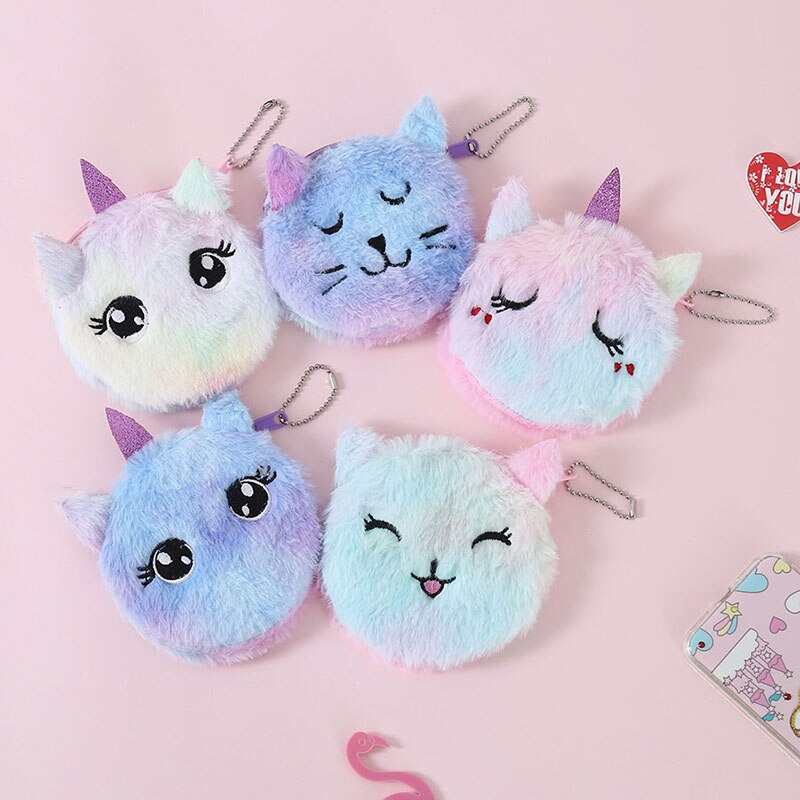 Fille fourrure fermeture éclair licorne porte-monnaie étudiant petit monstre dessin animé porte-clés portefeuille femmes couleurs cercle étui pour écouteurs sac pour
