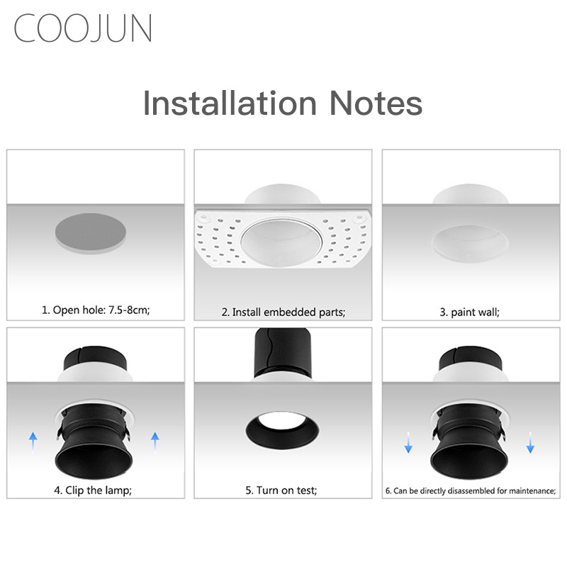 Coojun Led Randloos Downlight 5W Ingebed Plafondlamp Frame Naadloze Cree Cob Cri Ra 93 Muur Wassen Mini Spotlight indoor Lamp