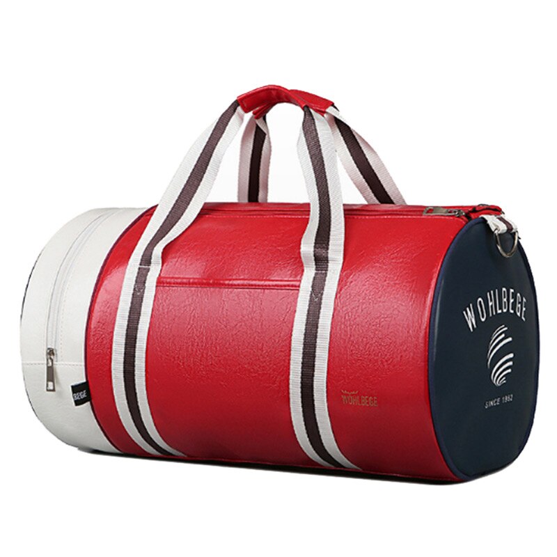 Sac De sport en cuir d'unité centrale Fitness Patchwork formation Sac à main d'épaule sport rayé femmes hommes sacs De voyage Tas Sac De Sporttas XA329D: Red Blue