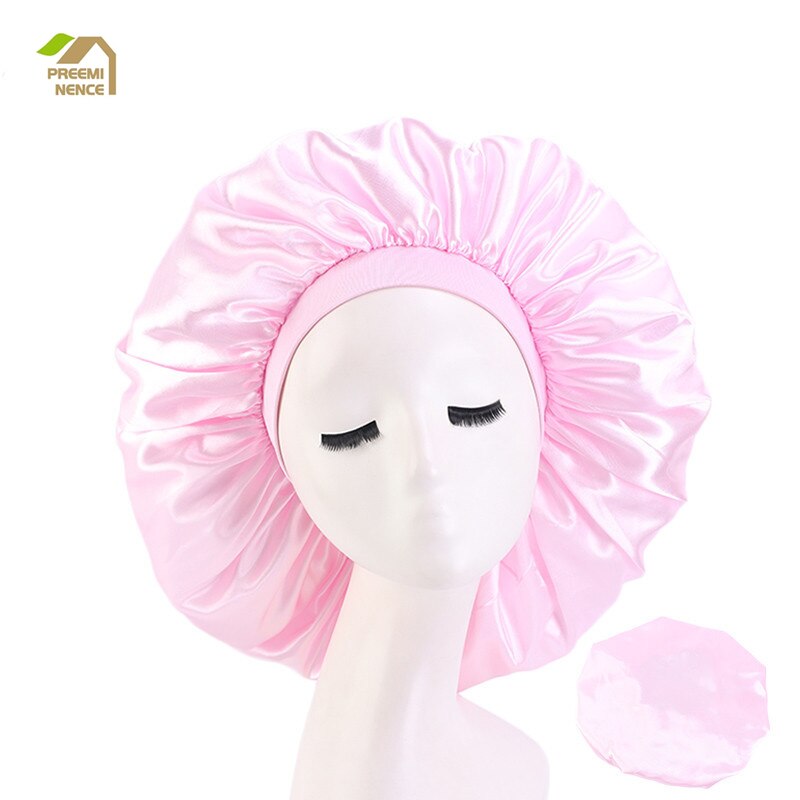 Ensfarvet satin hat hår nat badehætte til badeværelse hairbonnet sleep night cap cap til kvinder stor størrelse print satinsilk: Lyserød