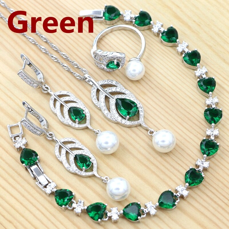 925 silber Schmuck-Set Für Frauen Engagement Blau Stein Weiß Perle Herz Form Armband Halskette Anhänger Ohrringe Offenen Ring: green