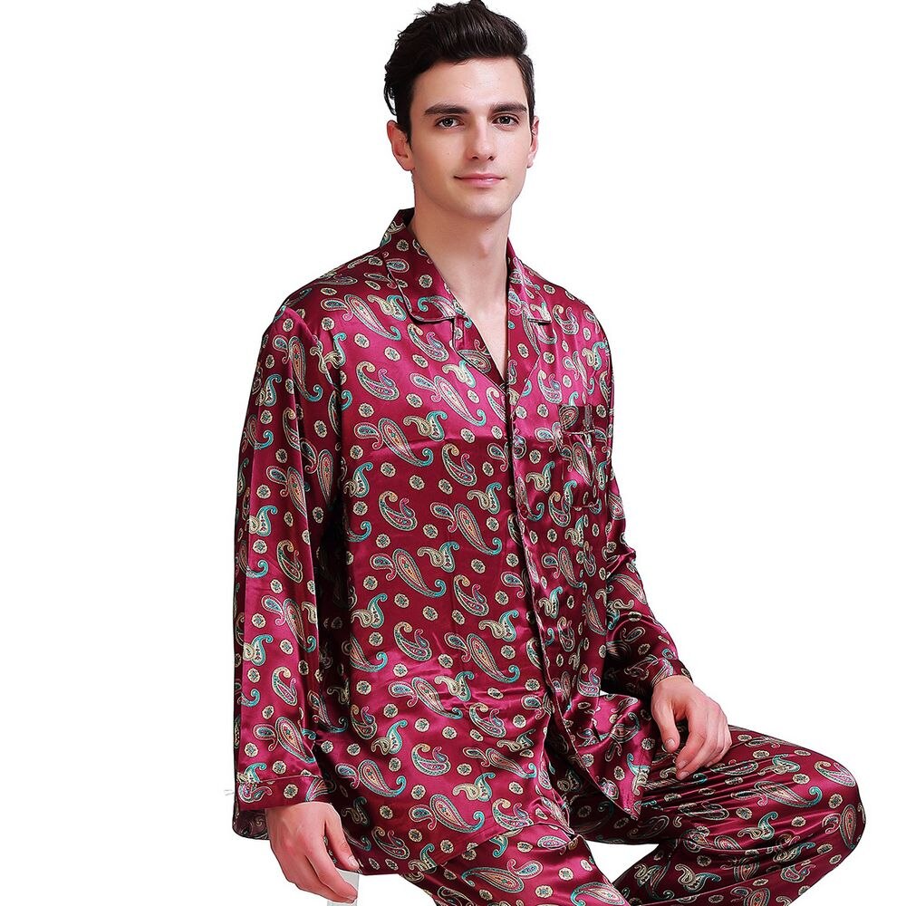 Herre silke satin pyjamas sæt pyjama pyjamas pjs nattøj sæt loungewear s, m, l, xl, xxl ,3xl,4xl: Rødvin / Xxxl
