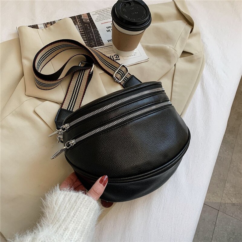 Burminsa Brede Band Zadel Taille Fanny Pack Voor Vrouwen Dubbele Rits Dames Riem Borst Tassen Pu Lederen Sling Crossbody Tassen: Black