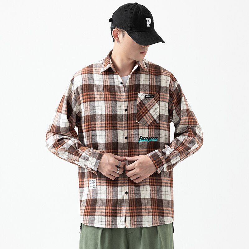 Herfst Casual Lange Mouwen Plaid Shirt Mannen Slim Fit Katoen Mannen Shirt Mannelijke Kleding Turn-Down Kraag tops M-5XL: Khaki / L