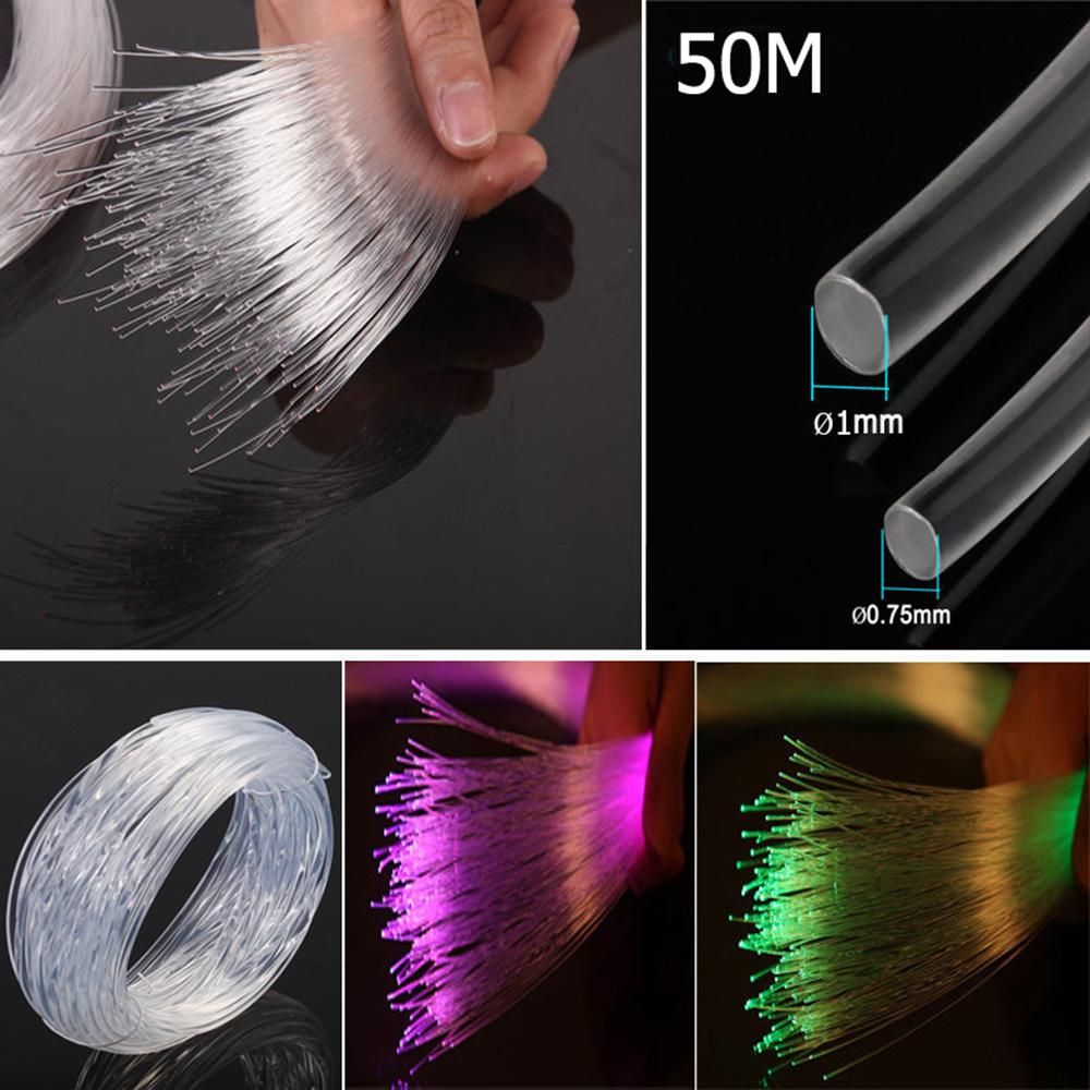 Câble à fibre optique en plastique PMMA, 50m x 0.75mm/1.0mm, lueur d'extrémité, lumière LED claire, bricolage