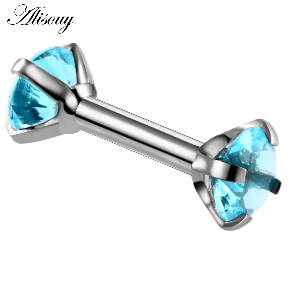 Dubbele Ronde Oorbel voor Vrouwen Chirurgisch Staal Bar Oorbellen Kraakbeen Piercing Oor Gem Zirkoon Rhinestone Ear Stud Bars Sieraden: Silver Sea Blue CZ