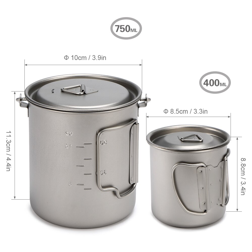 450ml 750ml kopper sett ultralett titan kopp hengende pottesett utendørs bærbar vannkopp sammenleggbart håndtak høyt: 400ml kopp 750ml gryte