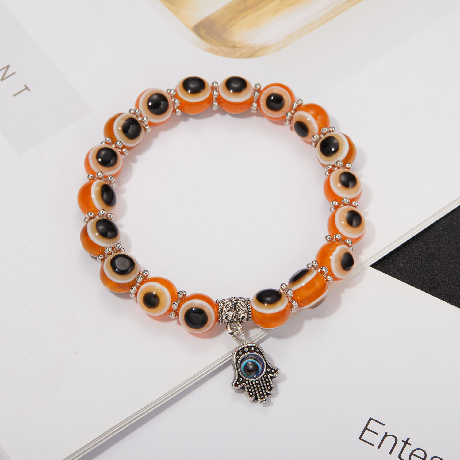 Niebieska bransoletka Evil Eye dla kobiet mężczyzn turecka dłoń wisiorek oczy koraliki Handmade szczęśliwa bransoletka elastyczna regulacja Charm bransoletka: Orange Palm