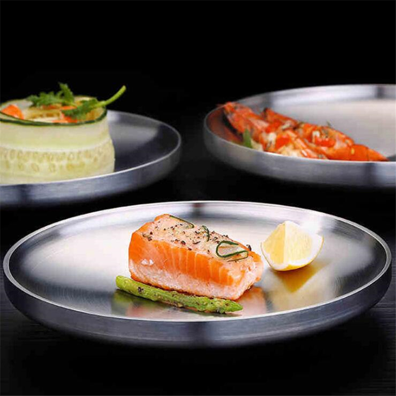 Dinner Plates Stainless Steel Western Steak Round Tray Kitchen Serving Dishes Salad Shape Round Plate Cake Dessert Tray