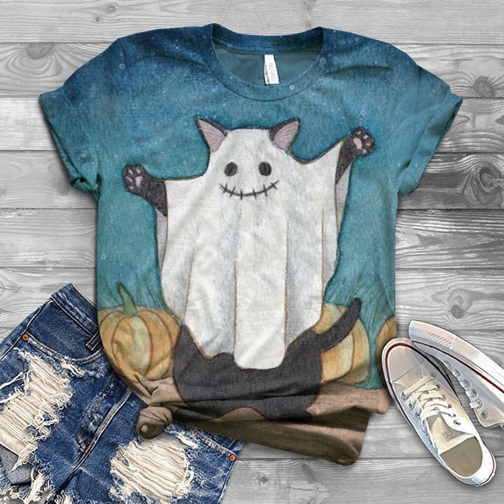 Vogue T-Shirt femmes été décontracté grande taille à manches courtes Halloween imprimé haut col en o T-Shirt Blouse femmes hauts #7.21