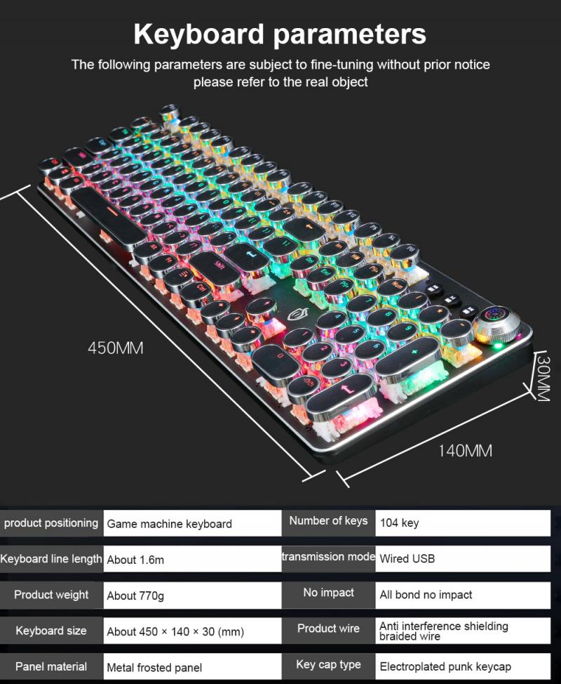 Mechanical Gaming Keyboard Retro Metal Glowing 104 Keys 36 Colorful Lighting Round Keycap Ergonomic Gaming Keyboard