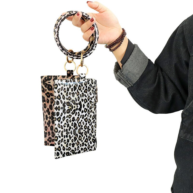 Multi-purpose Pu Leather Flower Leopard Printed Phone Wallet O Key Rings Women Wristlet Bracelets Key Chain