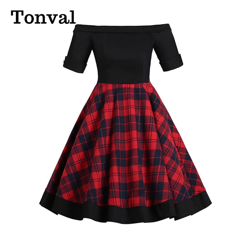 Tonval off shoulder plaid vintage rockabilly festkjole kvinder kortærmet bomuld retro swing kjoler efterår